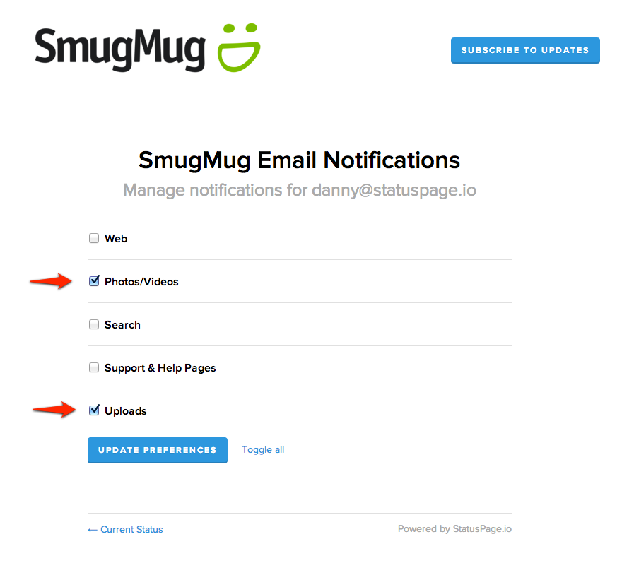 Smugmug component subscriptions